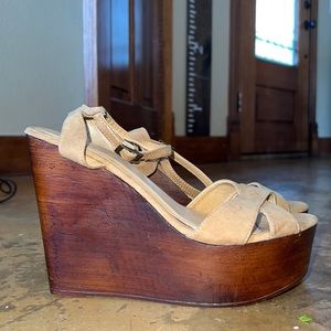 New never worn nude bamboo wedge heels.